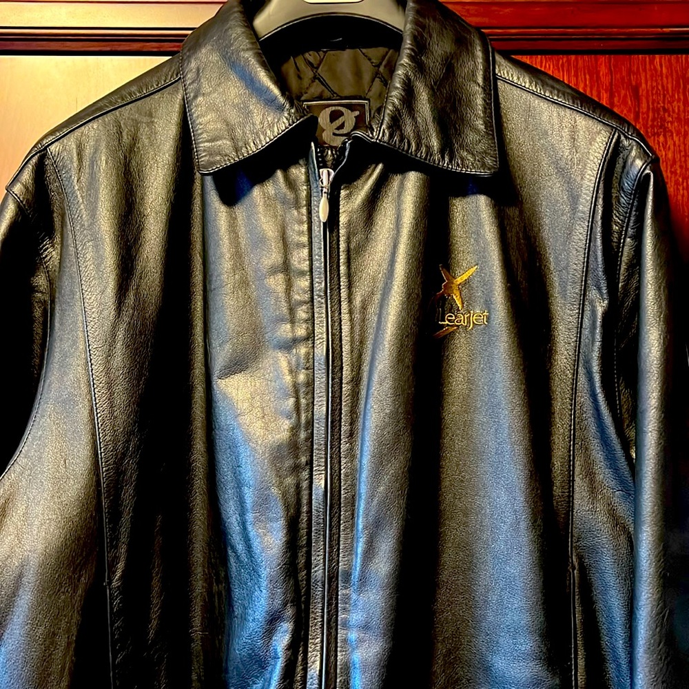 Vintage GEAR Brand Classic Learjet Black Leather Sports Zipper Bomber Jacket!